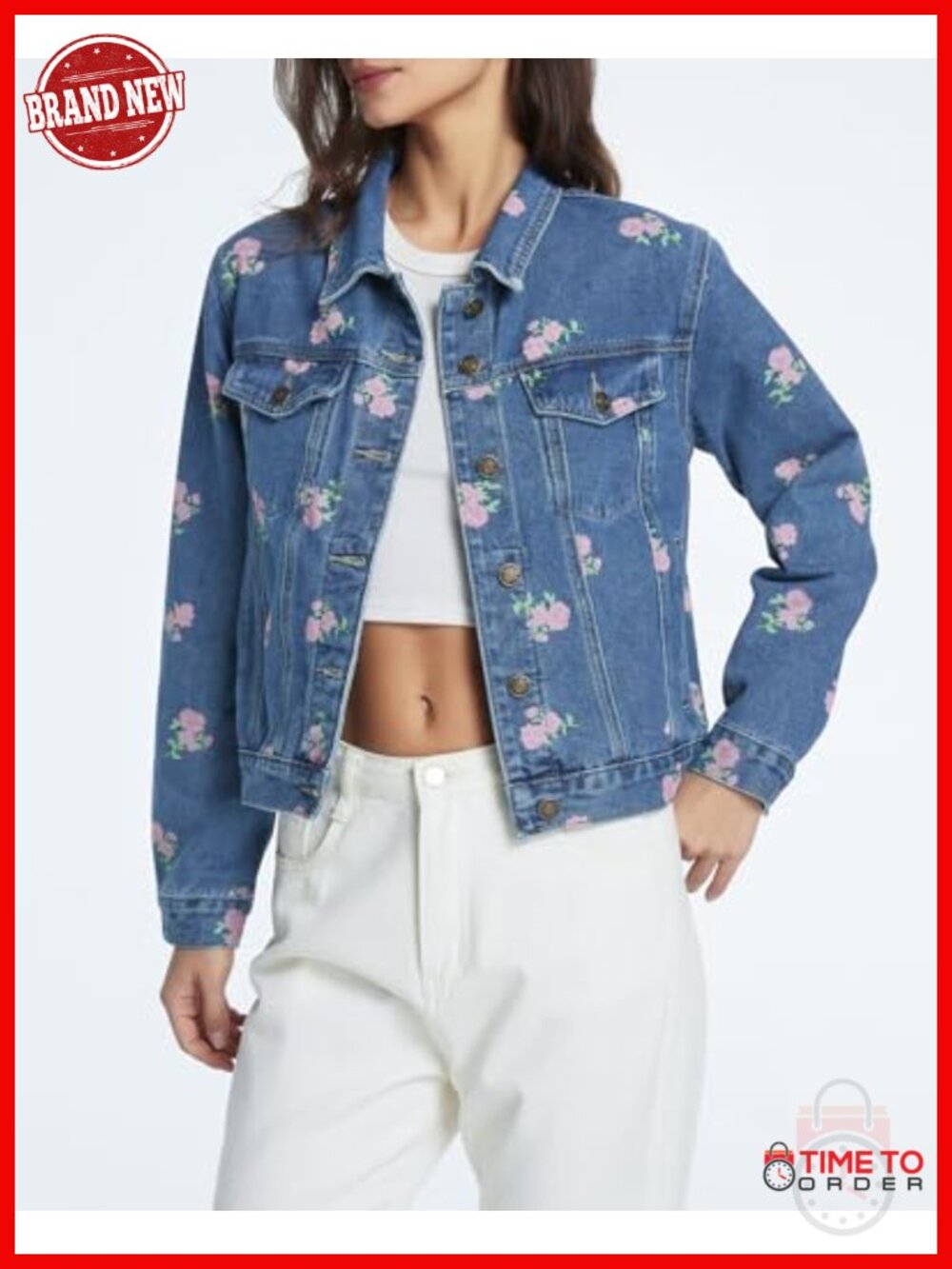 Women's Crop Floral Print Denim Jacket Long Sleeve Button Down - Picture 5 of 5